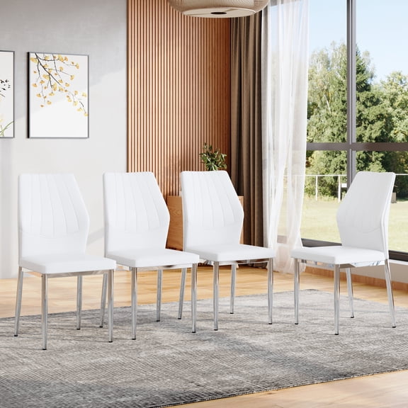 Gearwell Dining Chairs Side Chairs Accent Chairs, Set of 4 White PU Upholstered Seats with Ergonomic Backrests, 37-Inch Height and Silver Metal Legs for Dining Room