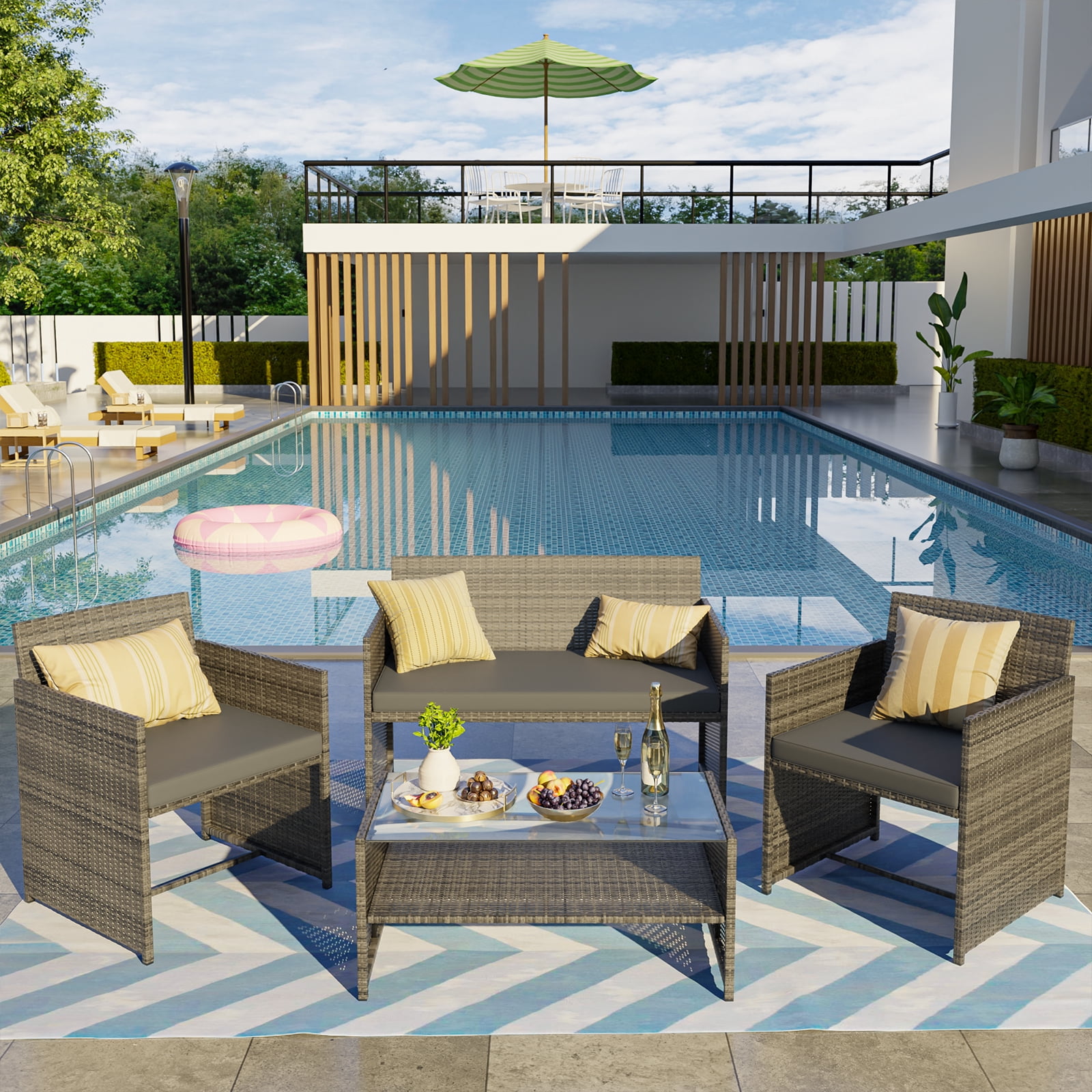 ELPOSUN 4-Piece Rattan Wicker Patio Furniture Set with Cushions and Tempered Glass Tabletop, Patio Conversation sets Gray