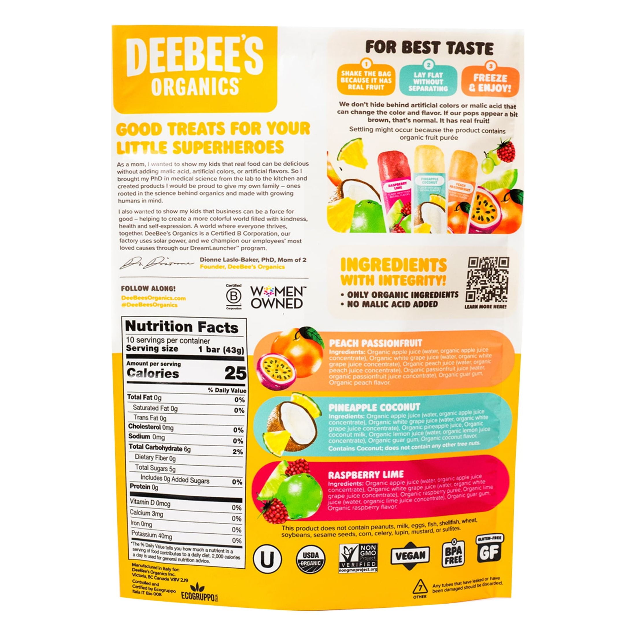 Deebee's Organics Tropical Fruit Freezies Ice Pops, Gluten-Free, 1.35 oz, 10 Count