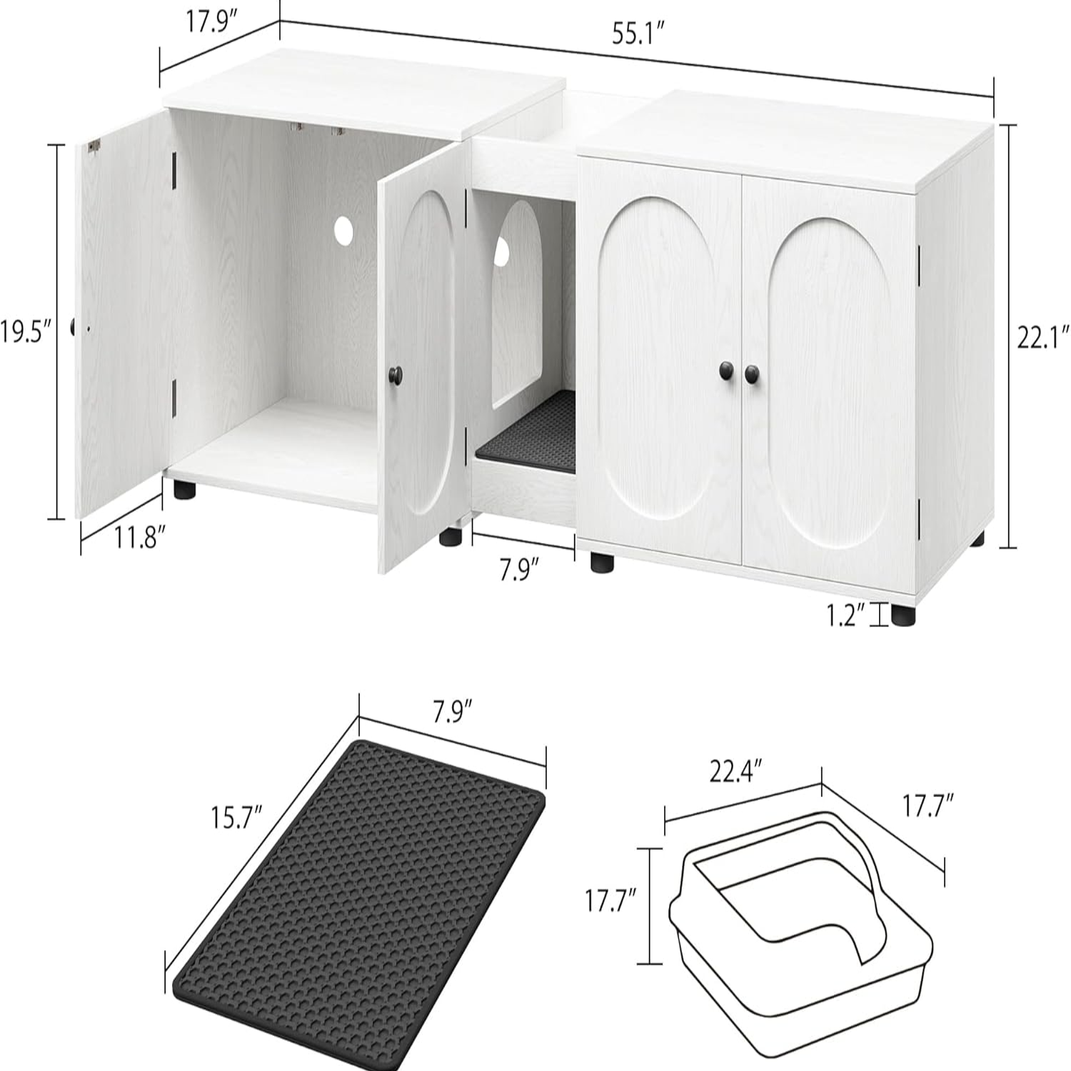 Litter Box Enclosure for 2 Cats,55.1" Cat Hidden Litter Box Enclosure Furniture with Double Room,Modern Wooden Enclosed Cat Litter Box Furniture