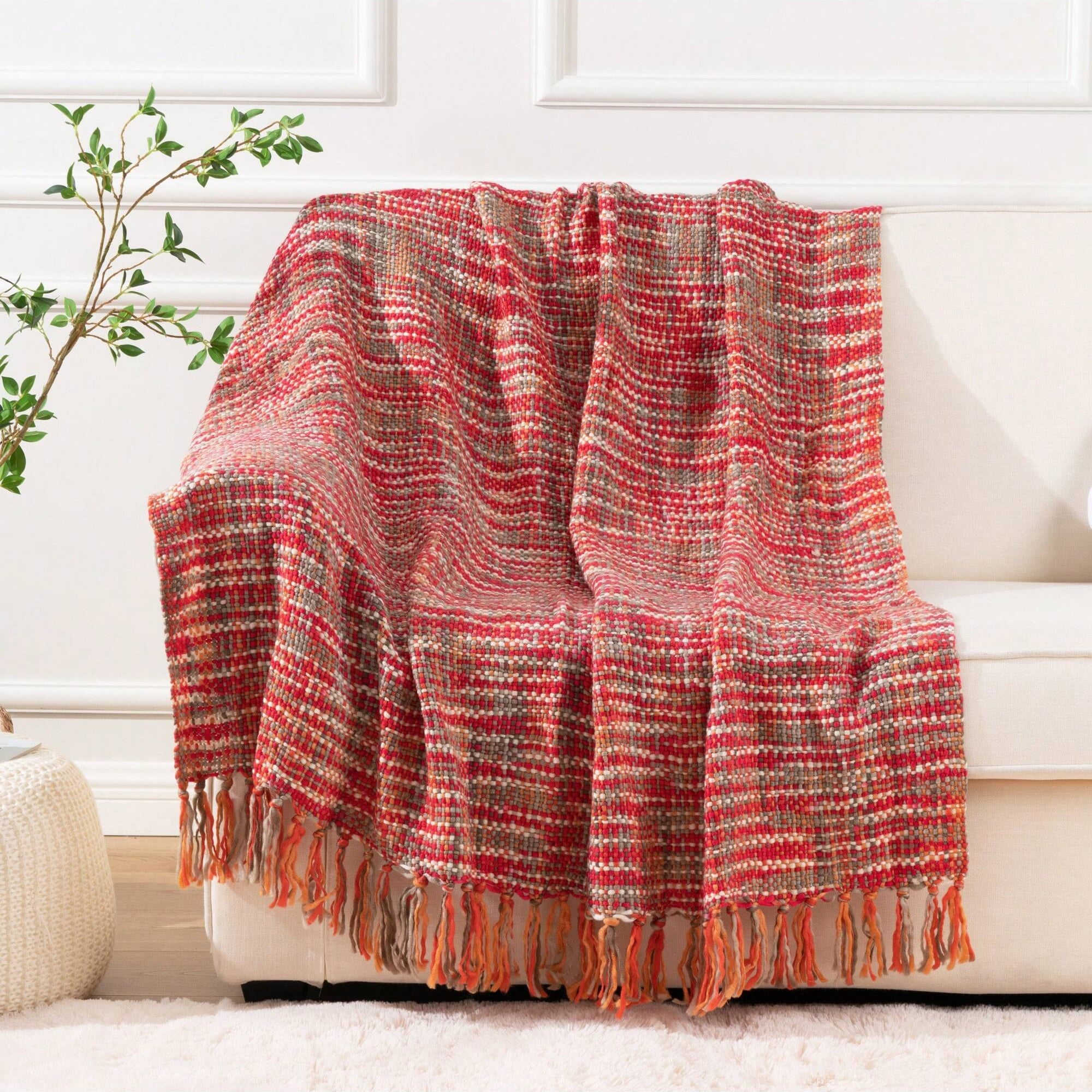 Red Throw Blanket with Fringe,Multicolor Throw Blankets,Decorative Christmas Throw,50"x60"