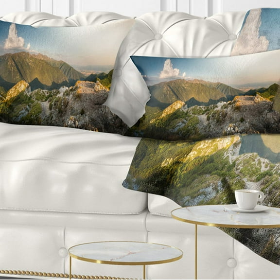 Designart Rocky Green Mountains Panorama - Landscape Printed Throw Pillow - 12x20