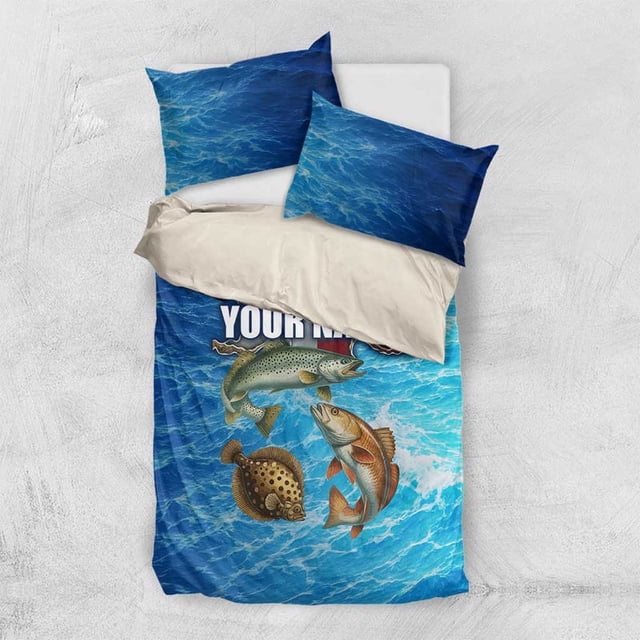 Texas Flag Fishing Bedding Set with Ocean Fish Graphic and Blue Water