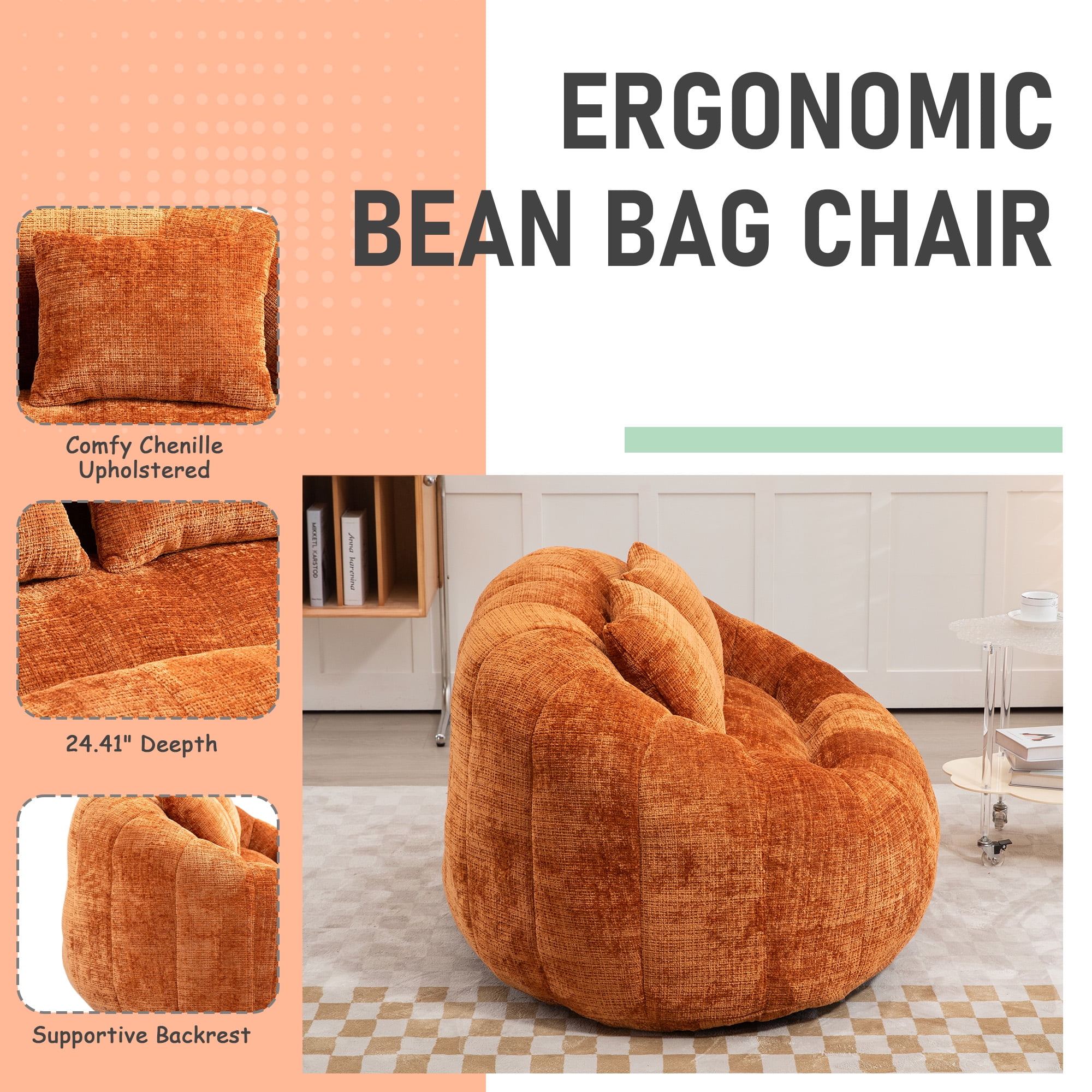 MOONMISS Chenille Durable Comfort Lounger High Back Bean Bag loveseat Lazy Sofa-Orange