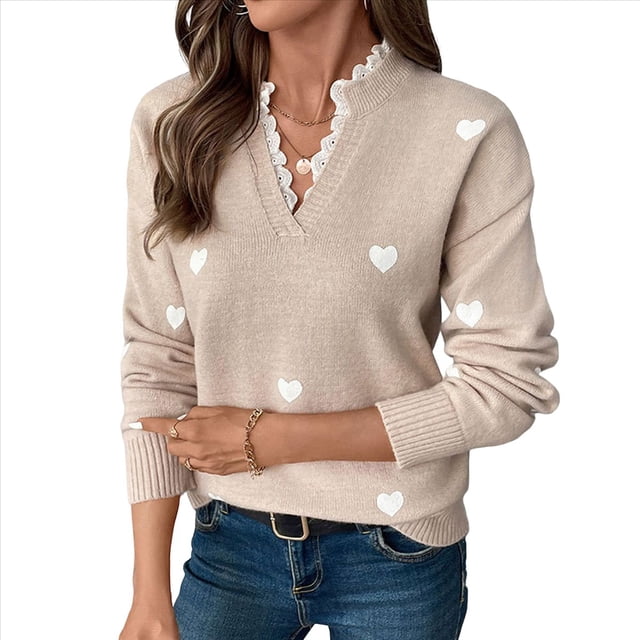 Suéter con Estampado de Corazones para Mujer, Cuello en V, Jersey de Punto con Ribete de Encaje Caqui M
