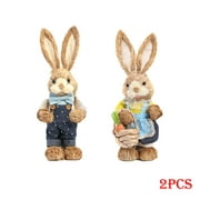 Dicasser 2PCS Standing Easter Bunny Figures, Cute Straw Easter Simulation Bunny Figurine Ornaments, Handmade Sisal Rabbit Animal Decorations for Easter Day Party Supplies Spring Gifts Souvenir