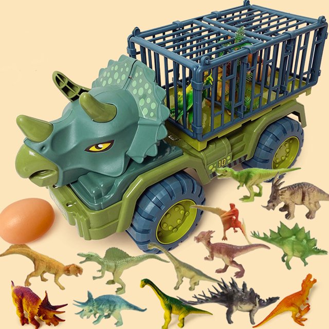 Juguete de camión de dinosaurio para niños, juguetes de transporte de dinosaurios con 15 figuras de dinosaurios, 1 huevo de dinosaurio y árboles, reutilizable, de gran tamaño, transportador de vehícul