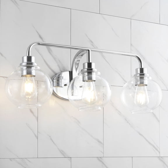 JONATHAN Y Sandrine 26.25" 3-Light Iron/Seeded Glass Cottage Rustic LED Vanity Light, Chrome