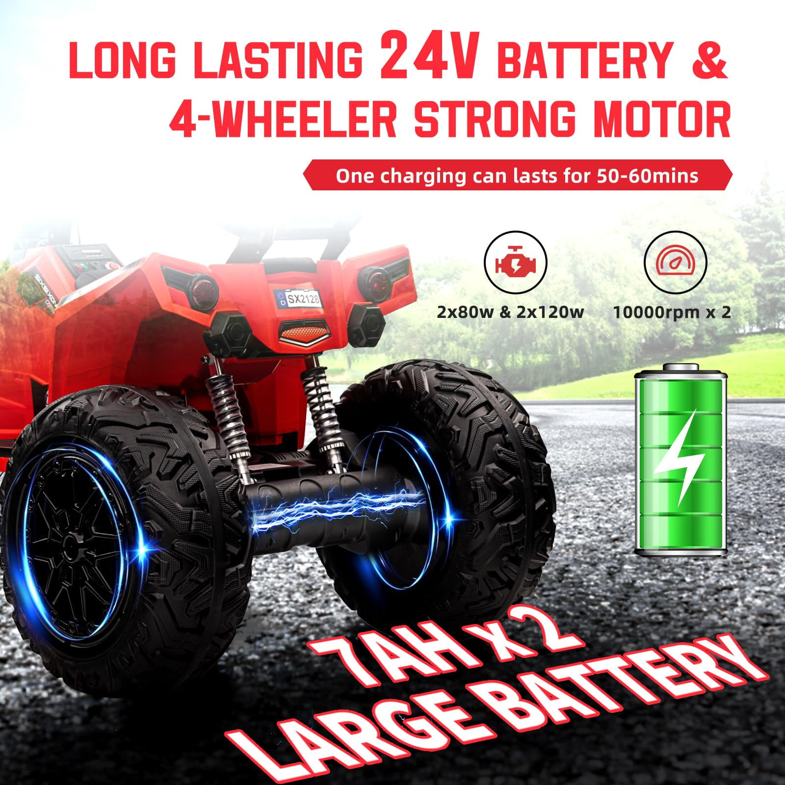 TROPOW Electric Ride On Cars with Remote Control,24V Two-Seater Kids ATV – 4x4 Electric 4-Wheeler Quad Ride-On Car Toy with 4x200W Motors, LED Lights, EVA Tires, Music, and Horn,
