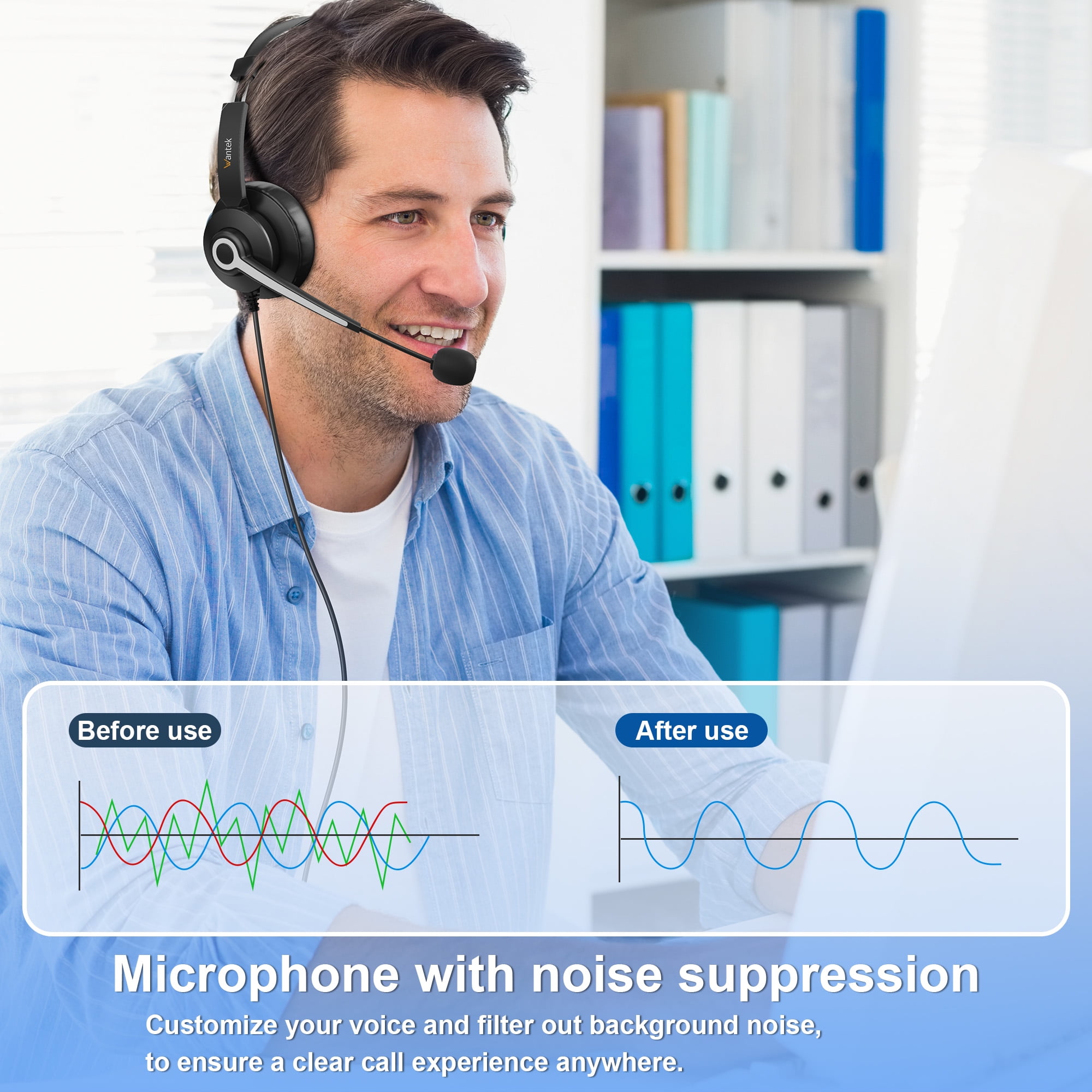 Wantek USB Headset with Microphone for PC,Laptop,3.5mm/USB/Type-C Jack 3-in-1 Computer Headset with Noise Cancelling & Audio Controls,USB Headphones for Call Center,Work,Office,Binaural