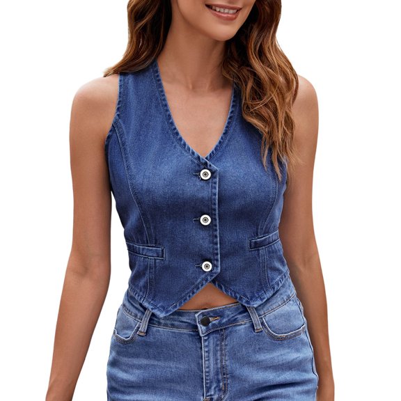 Women's Denim Vest Sleeveless V Neck Button Down Cropped Casual Jean Vest Top for Spring Summer Fall