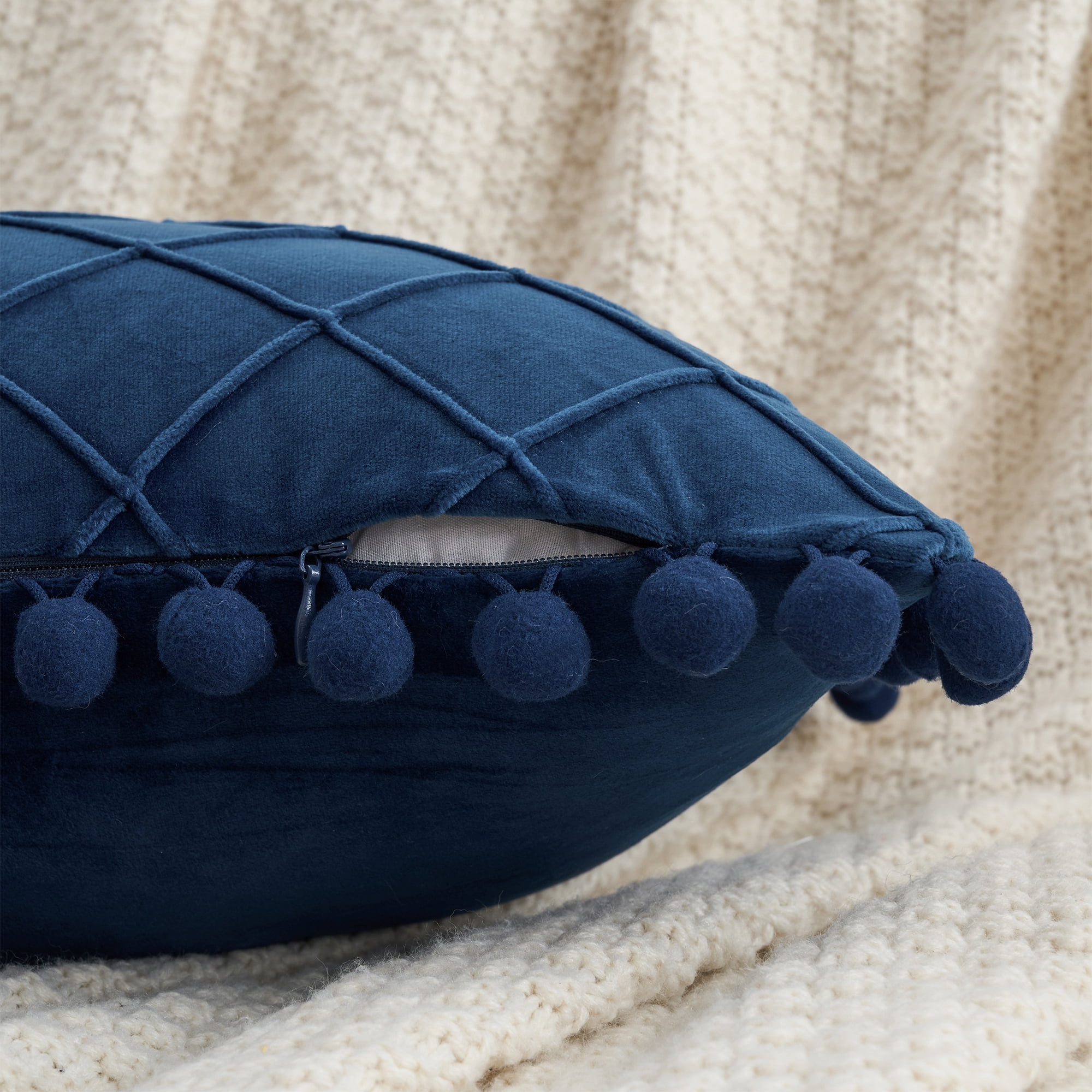 Unique Bargains Soft Pom-poms Velvet Throw Pillow Covers Navy Blue 12" x 20"