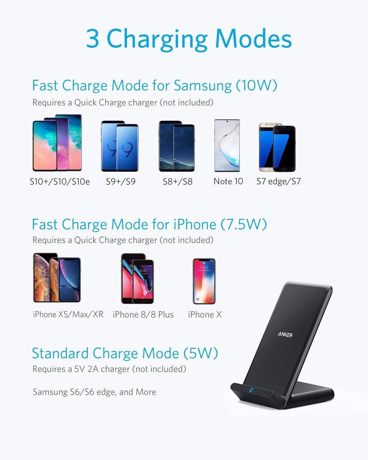 Anker 2 Pack 313 Wireless Charger (Stand), Qi-Certified for iPhone 15/15 Pro/15 Pro Max/14/14 Pro Max, 10W Fast-Charging for Galaxy S20, S10 - Stand Design, No AC Adapter Included