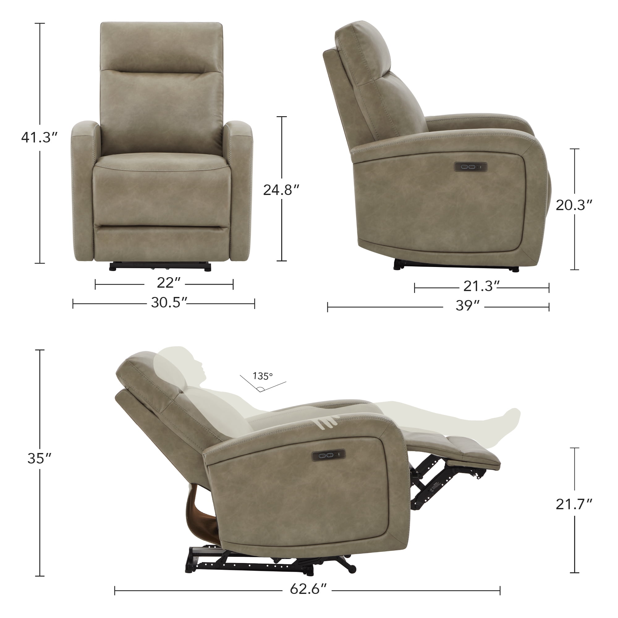 Spruce & Spring Zero Wall Hugger Power Recliner for Compact Spaces, Gray-Faux Leather