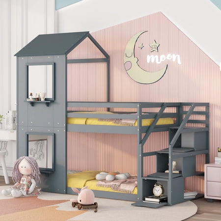 Modstyle Twin Over Twin House Bunk Bed with Storage Staircase  Gray