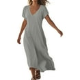 thumbnail image 1 of Robe Décontractée en Lin Col en V Manches Courtes Ample pour Femmes, Robe de Jour Confortable Couleur Unie, 1 of 5