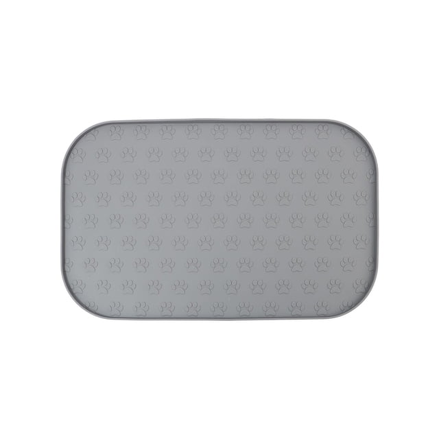 Dog Feeding Mat For Food And Water Rectangular Silicone Pet Placemat With Raised Edges Non Slip Base 17.32 in x 10.63 in Gray