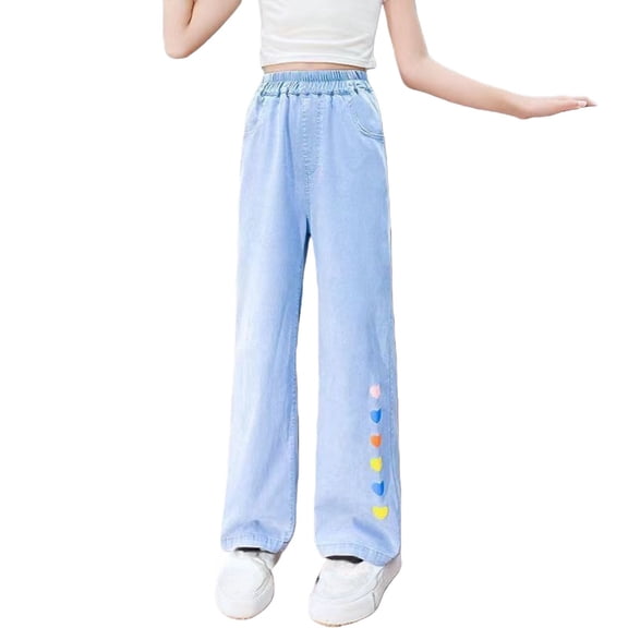 Coerni Girls Wide Straight Leg Sweatpants Trendy Elastic Waist Pants Casual Joggers with Heart Print Summer Hiking Pants Sweats