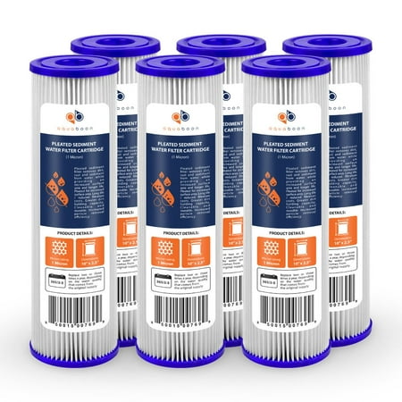 

Aquaboon 1 Micron 10 x 2.5 Pleated Sediment Water Filter Cartridge | Universal Replacement for Any 10 inch RO Unit | Compatible with R50 801-50 WFPFC3002 WB-50W WHKF-WHPL 6-Pack