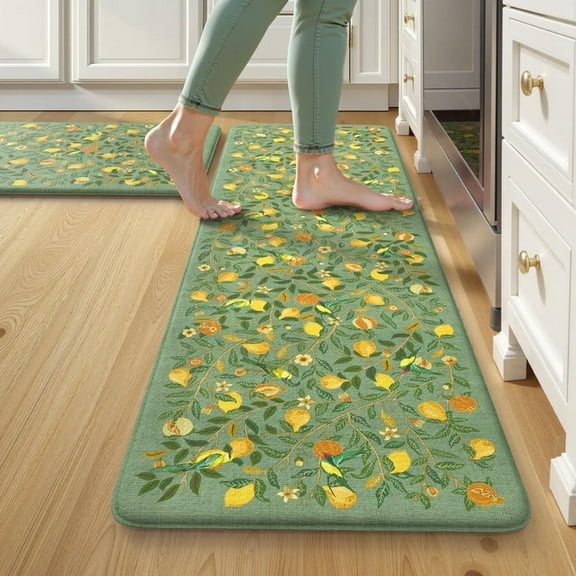 RUGOGO Kitchen Mat 2PCS, Anti-Fatigue Mats for Kitchen Floor, Farmhouse Lemon Tree Summer Kitchen Rugs Non-Slip,Memory Foam Comfort Standing Mat for Kitchen Sink, Office,Laundry,Green