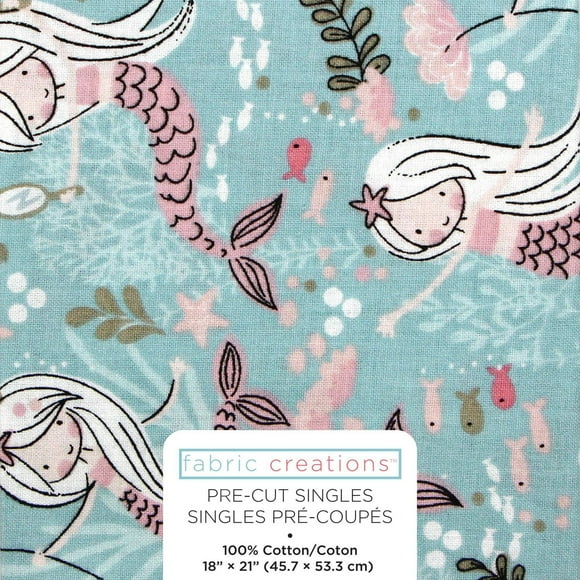 Fabric Creations Blue with Mermaids Fat Quarter Pre-Cut Fabric - 18" x 21" / 45cm x 53cm