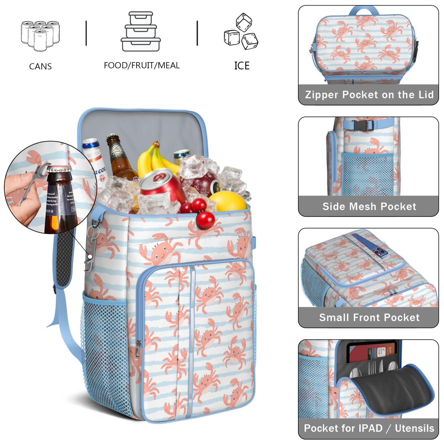 Insulated Cooler Backpack,Cooler Bag Insulated Leak Proof Travel Cooler Bag Waterproof Lunch Picnic Beach Work Trip Thermal Bag Drink Beverage Beer Bag Cooler Marine Adorable Crab