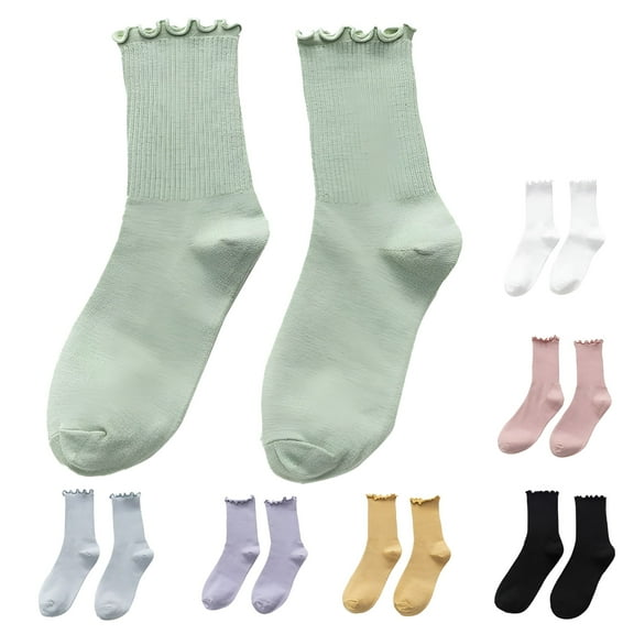 TELOLY Ruffle Edge Socks For Women Cute Solid Cotton Crew Socks Frilly Knit Socks Casual Ankle Socks Breathable Knit Cotton Warm Soft Frilly Crew Socks