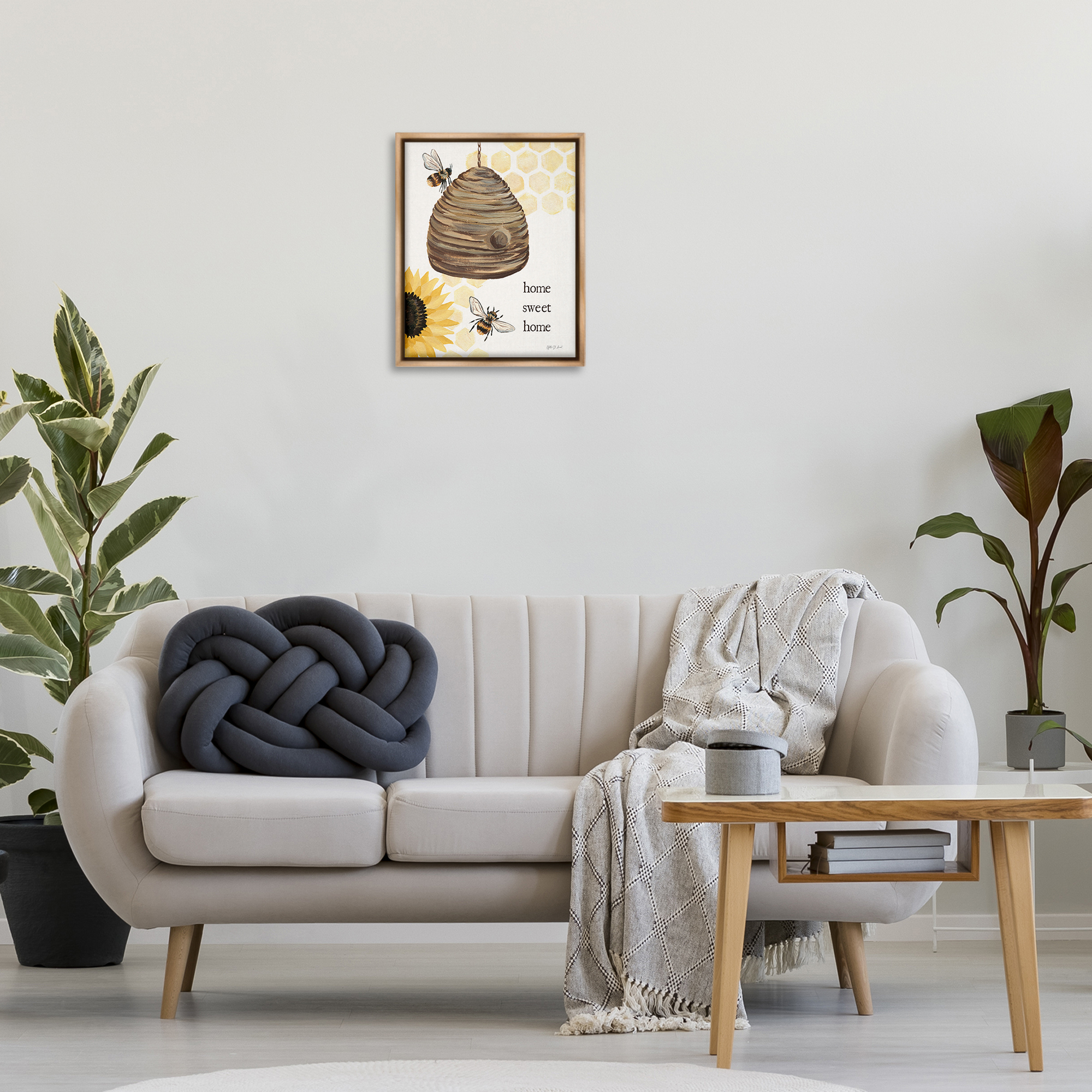 Stupell Industries Sweet Home on Honeycomb Botanical & Floral Painting Brown Floater Framed Canvas Art Print Wall Art, 17 x 21