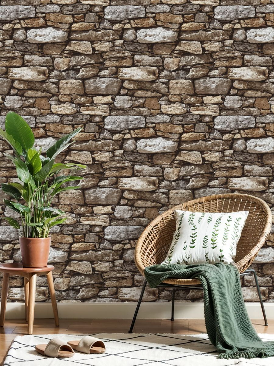 Boho Peel and Stick Wallpaper Natural Stone Wall Texture Neutral Earth Tones Contact Paper 23.6in x 9.8ft Wallpaper Removable Self Adhesive Wall Paper for Bedroom Nursery