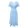 thumbnail image 5 of Robes pour Femmes 2025 Été Manches Courtes Robe Maxi Décontractée Col en V Œillet Volantée Évasée Longue, 5 of 5