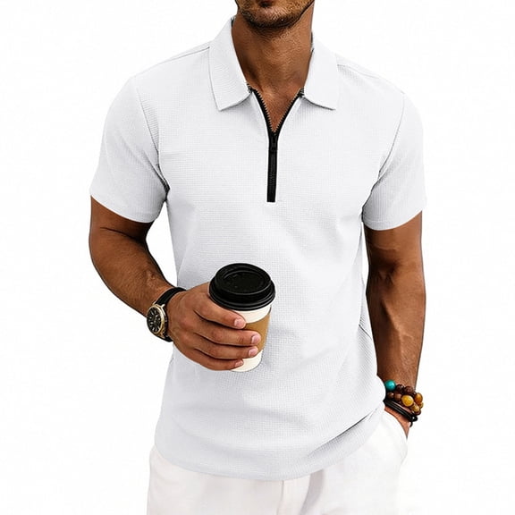 LTTVQM Mens Textured Knit Polo Shirts 1/4 Zipper Tops Short Sleeve Casual Lightweight Spring Summer Fashion Golf Shirt White 2XL