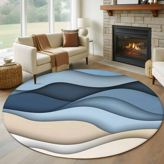 Blue Beige Ombre Round Area Rug 5 FT, Non Slip Bedroom Area Rug, Geometric Abstract Modern Moire Washable Soft Circular Carpet Non-Shedding Floor Mat for Kitchen Dining Room Foyer Balcony Dorm