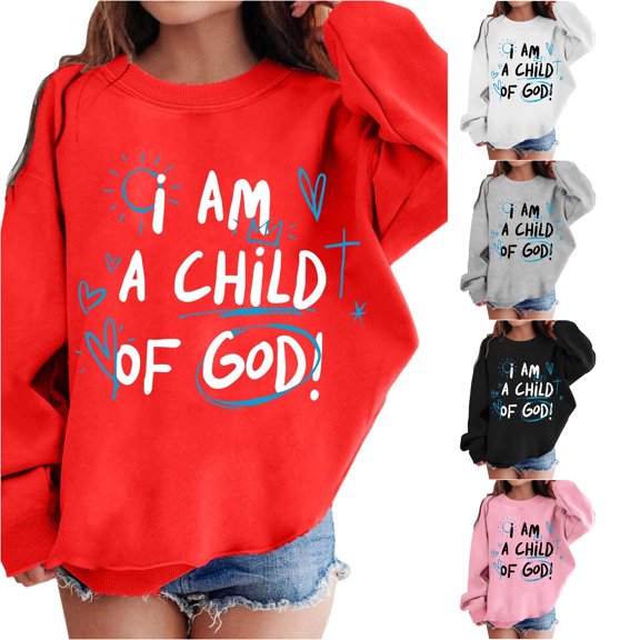 Oiyii Toddler Girl's Child Of God Letter Sweatshirt Crew Neck Oversize Graphic Sweatshirts Daily Pullover Top,Red
