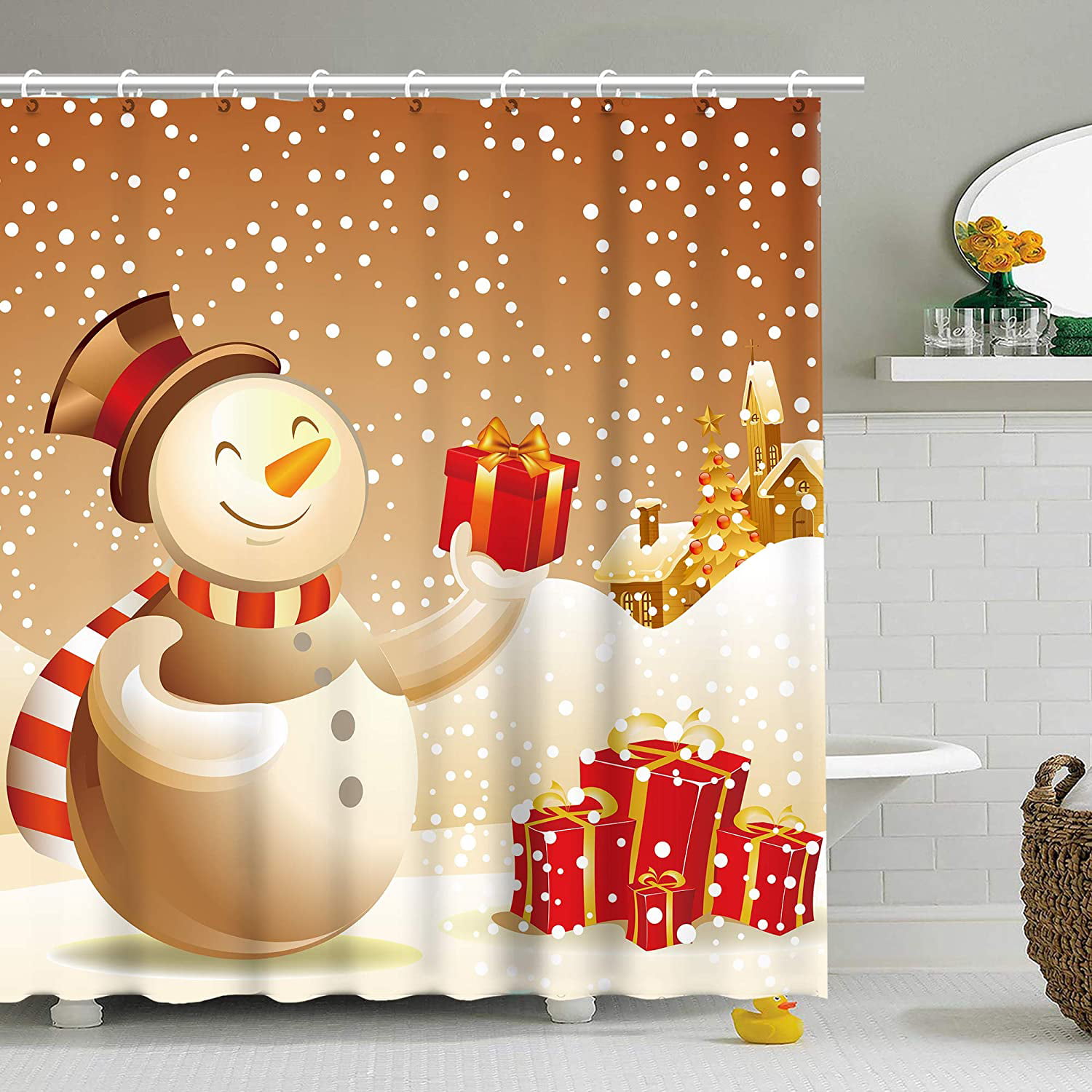 Happy Snowman Gift Xmas Shower Curtain, Snowman Shower Curtain Set