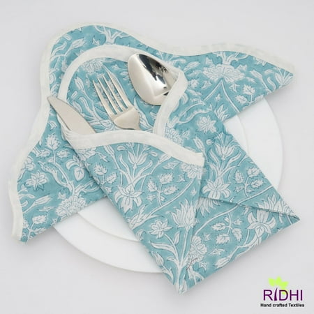 

Teal Blue and Off White Indian Floral Hand Block Printed Cloth Napkins Wedding Home Event Party Picnic Birthday Tea 20 x20 - Dinner