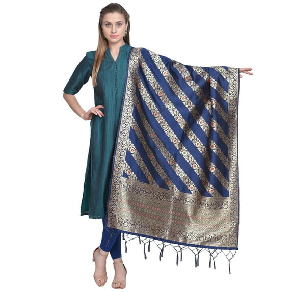 Dupatta Bazaar Woman's Navy Blue Banarasi Silk Dupatta with floral weaving.
