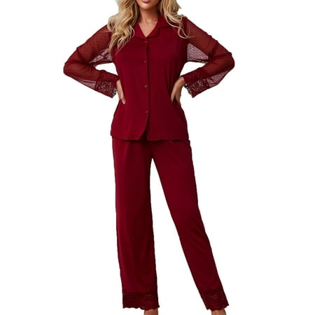

sleeping gown women Women s Fashion Lace Sexy Long Sleeve Button Tops and Trousers Fall Comfortable Two-piece Suit Casual Sleepwear