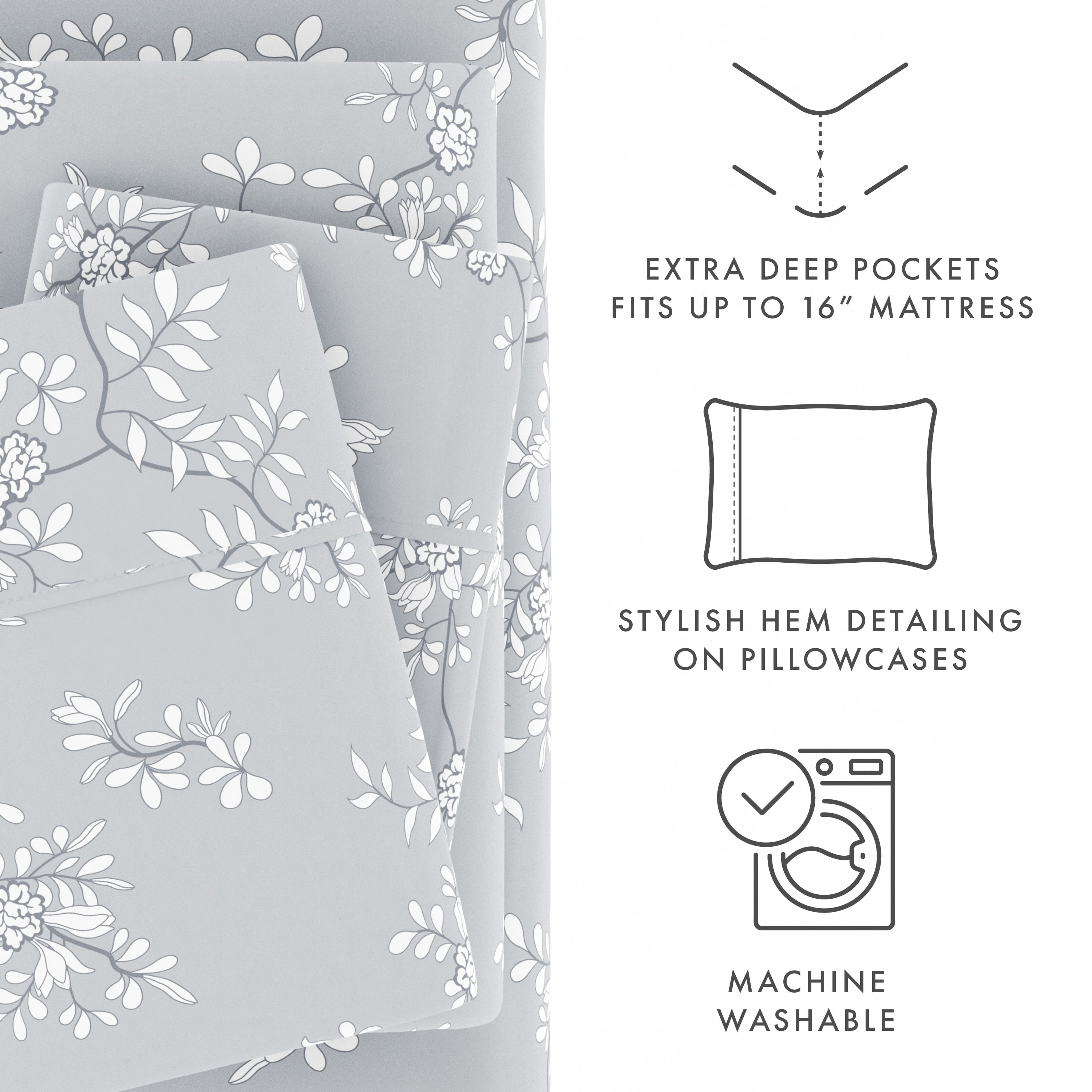 Noble Linens 4 Piece Pattern Microfiber Bed Sheets Set, Light Gray Trellis Vine, California King