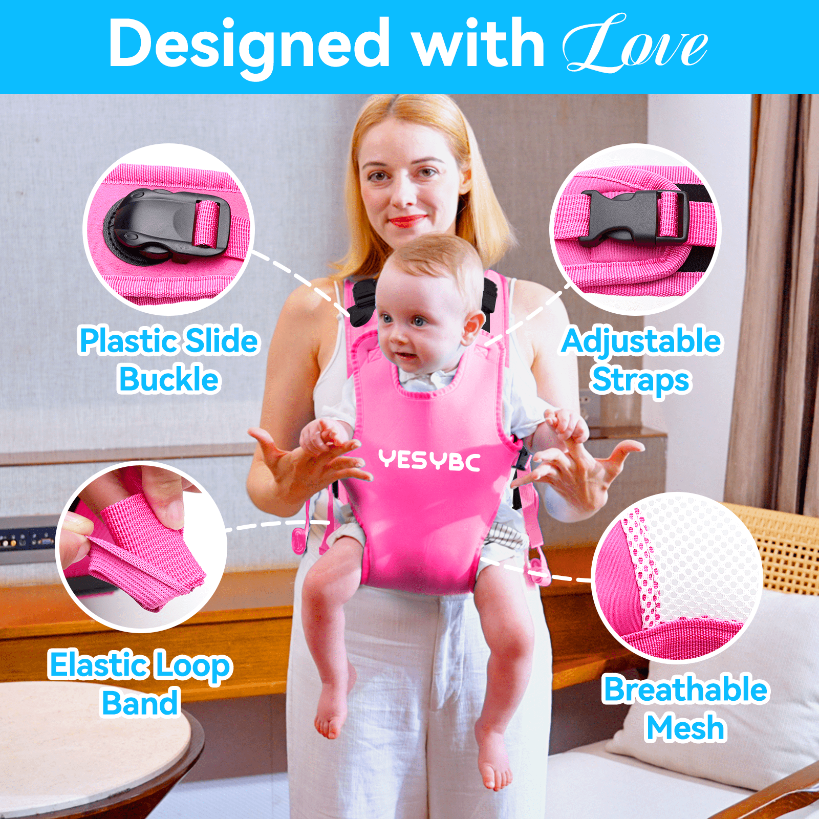 Baby Carrier, Dual-Use Adjustable Baby Sling Support Infant Chest Holder with Drawstring Backpack for Newborn to Toddler 13-33 lbs Swimming Pool Beach Land (Pink)