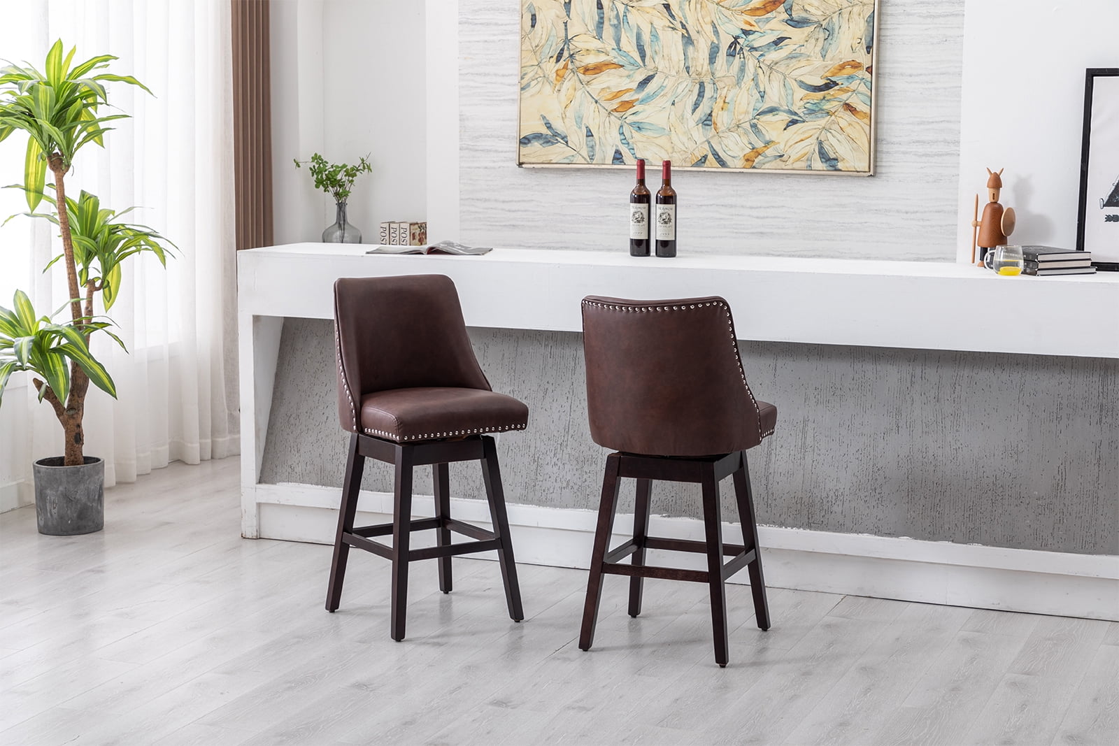 Guyou 27.5"Counter Height Bar Stools Set of 2, Nailhead Trim Leather Barstools with Back and Wood Legs, 360°Swivel Upholstered Stool Chairs for Kitchen Island Breakfast Bar Restaurant, Chocolate