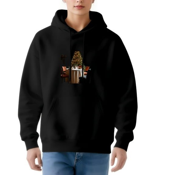 Women's Long Sleeve Hoodie Pullover Sweatshirt with Festive Christmas Tree Graphic Cozy Design and Convenient Pockets