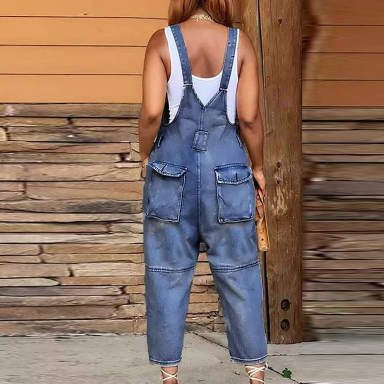 AKOEE Capri Jean Overalls for Women Adjustable Wide Leg Loose Cropped Denim Bib Jumpsuits Boyfriend One Piece Playsuit (XX-Large, Dark Blue), Women's