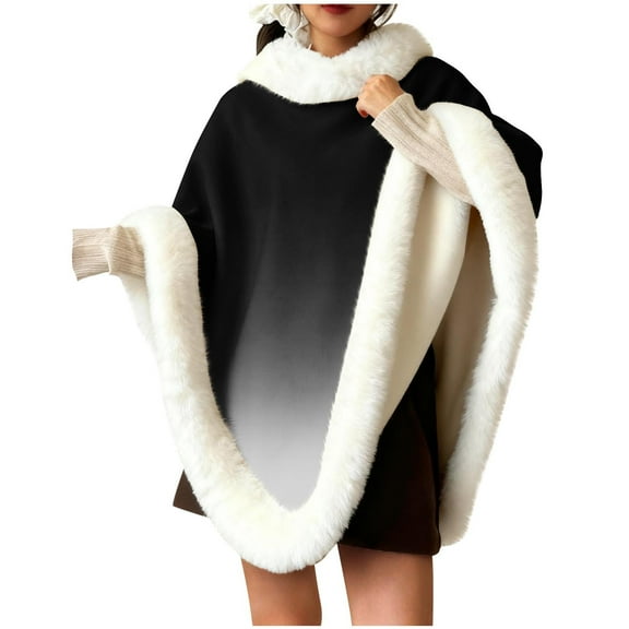 Riecok Fleece Shawl Wraps for Women Collared Gradient Fuzzy Cape Elegant Thick Warm Pullover Coats for Holiday Party