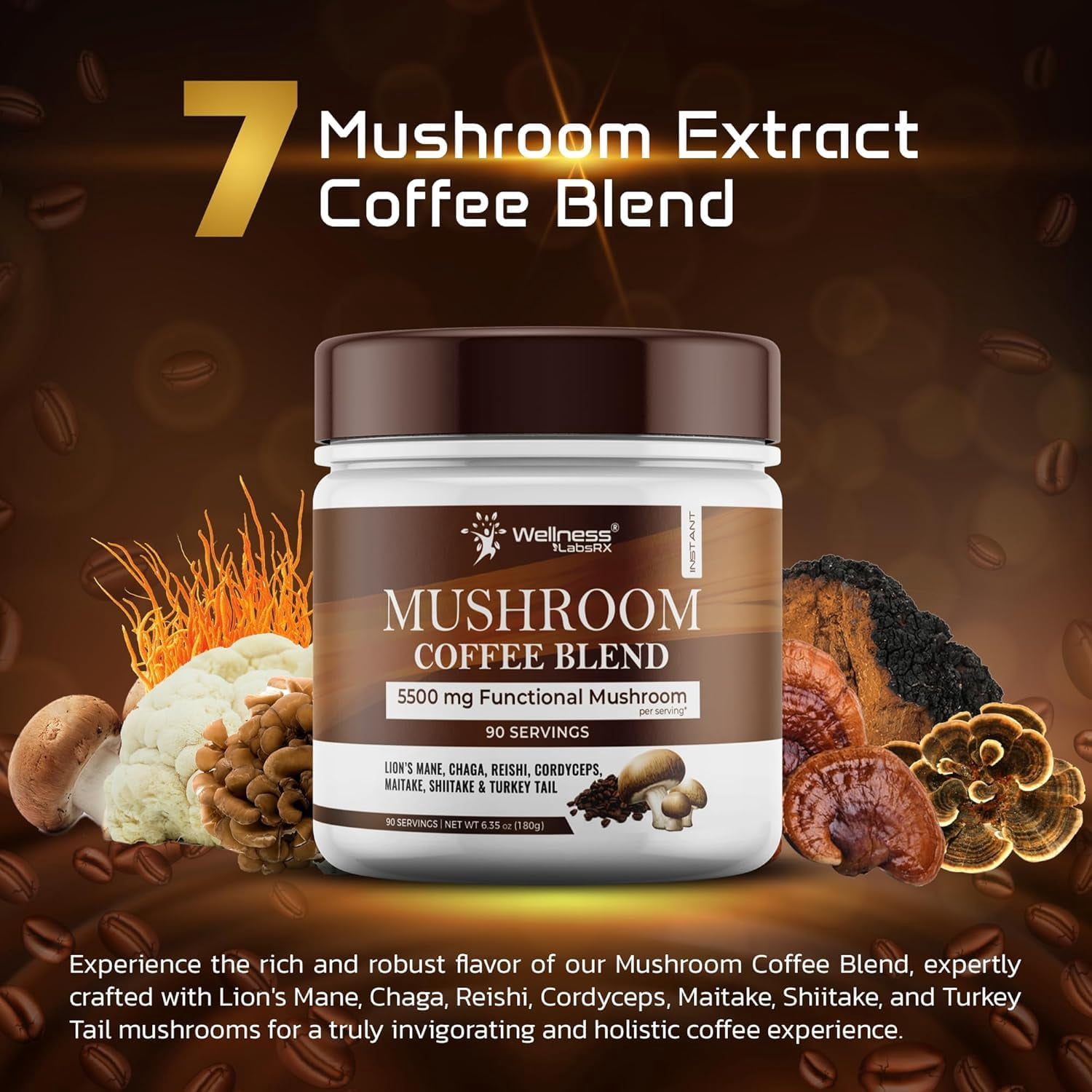 Wellness LabsRx Mushroom Coffee Blend 5500mg with 7 Mushroom Varieties, 180g