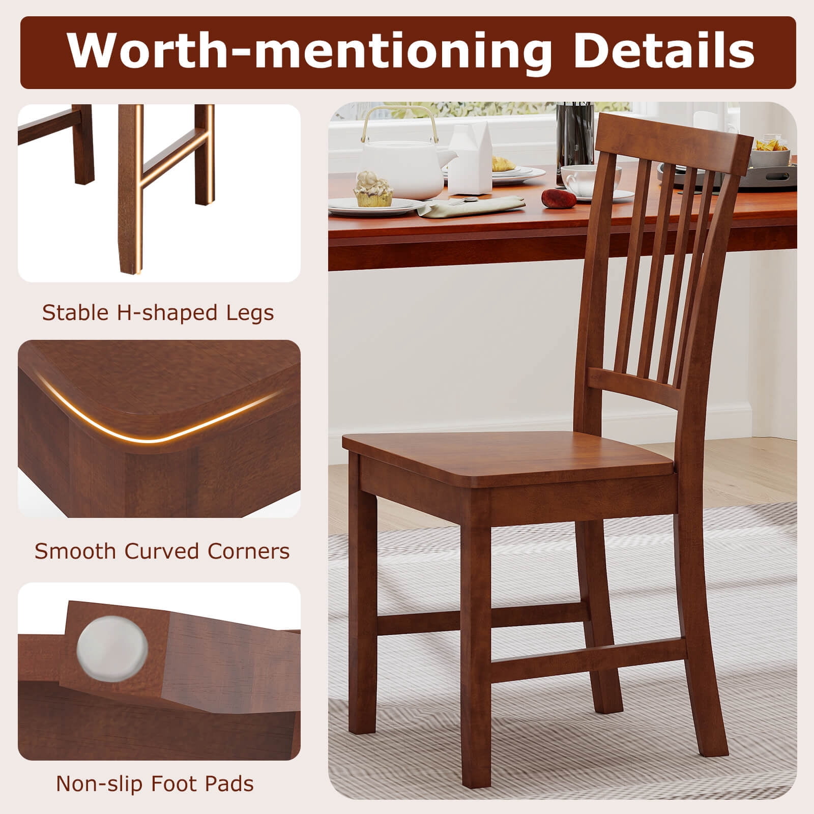 Costway Set of 2 Dining Chair Brown Kitchen Spindle Back Side Chair with Solid Wooden Legs
