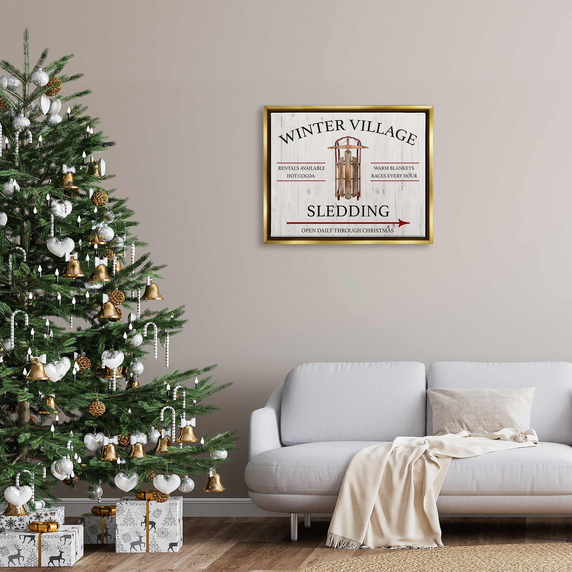 Stupell Industries Winter Village Sledding Holiday Painting Gold Floater Framed Canvas Art Print Wall Art, 31 x 25