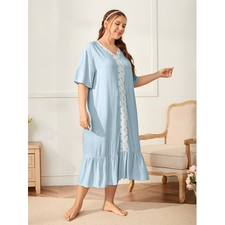 

Women s Plus Contrast Lace Ruffle Hem Drop Shoulder Sleepdress 2XL(16) Baby Blue Simple F22001D
