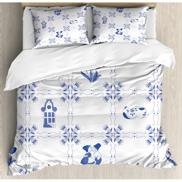 Vintage Blue King Size Duvet Cover Set, Symbolic Dutch Culture Icons