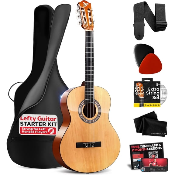 Pyle Left-Handed 3/4 Size Beginner Acoustic Guitar Kit – 36” All Wood Junior Guitar with Case, Strap, Picks, Tuner App & 2-Month Lessons (Natural Gloss)