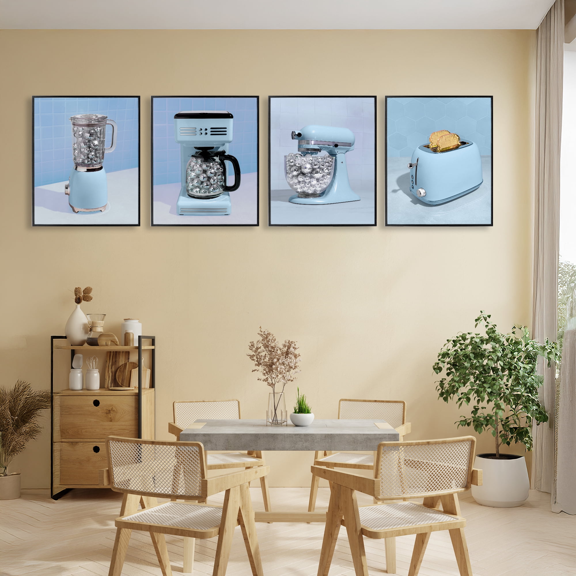 Stupell Industries Disco Kitchen Set over Blue 4 Piece Black Framed Giclee Art Set, design by LISH Creative
